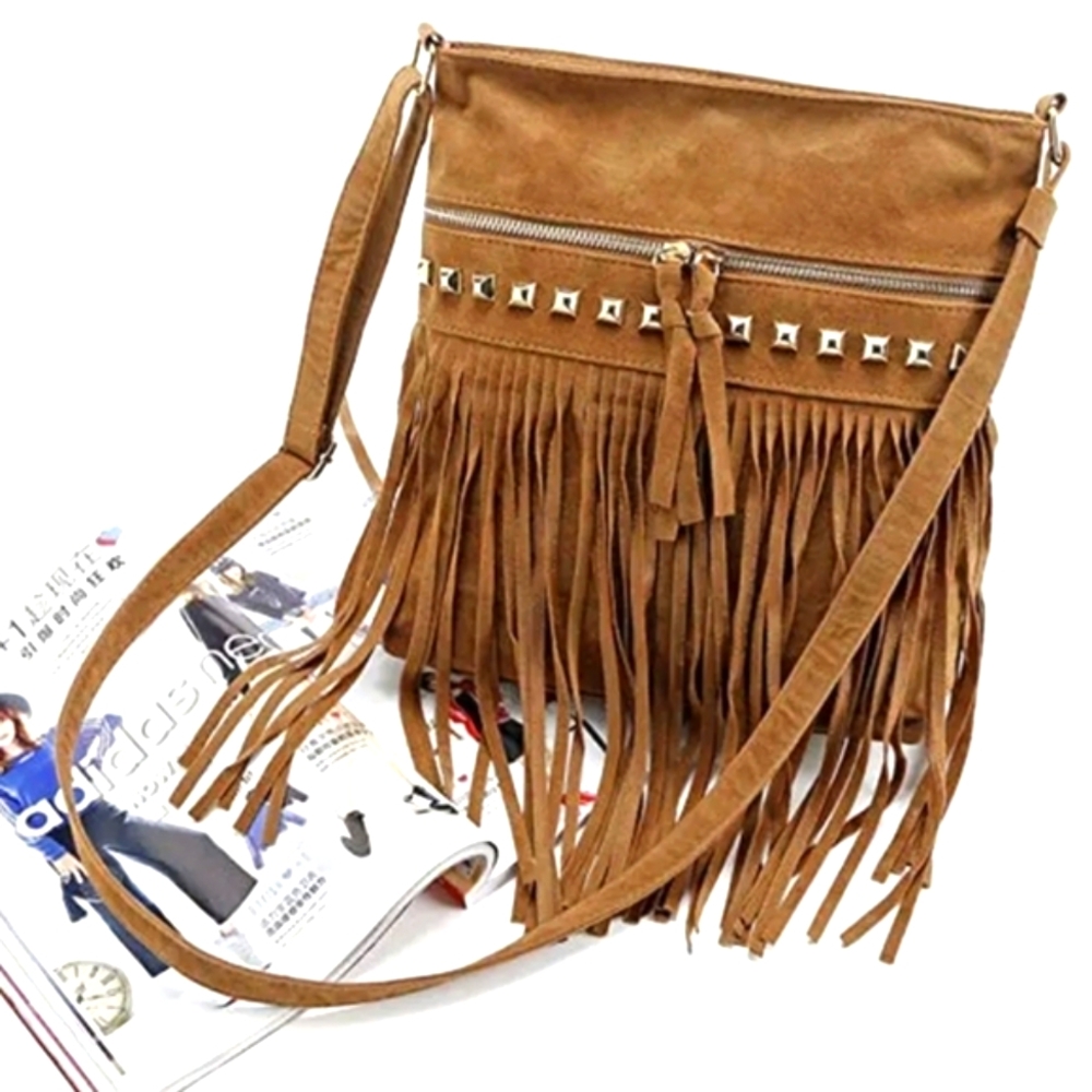 Brown Hippie Festival Purse Vintage 1970 Costume Tassel Studded 70s Style Purses - Picture 3 of 9